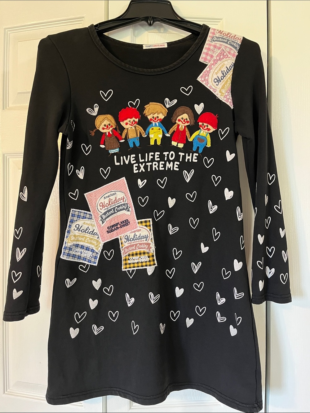 Black Graphic Midi Dress with Hearts and Patch Motifs